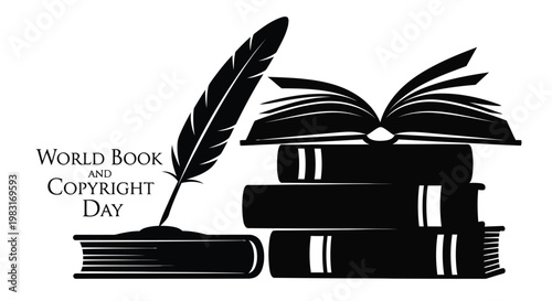 Black and white illustration of books a quill and world book and copyright day text