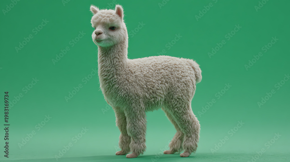 Fototapeta premium A cute, fluffy alpaca stands against a vibrant green background, showcasing its charming demeanor and soft wool.
