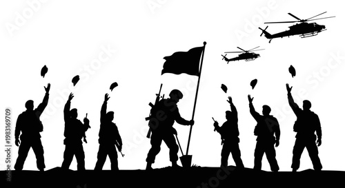 Soldiers Celebrate Victory with Helicopters Flying Overhead