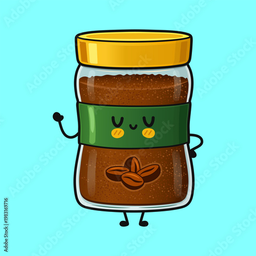Cute instant coffee jar mascot waving happy