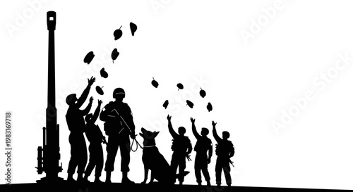 Soldiers and Military Dog Celebrate Victory, Throwing Leaves in the Air