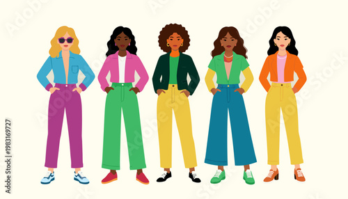 Five diverse women stand together in bright, casual outfits conveying confidence friendship unity and empowerment. Flat vector illustration
