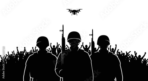 Soldiers and Drone Surveillance Over Crowd