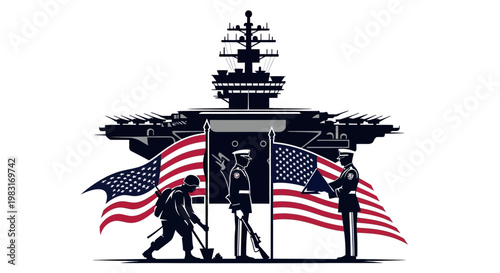 US Navy Aircraft Carrier and Marines Raising Flag, Patriotic Military Scene, American Flag