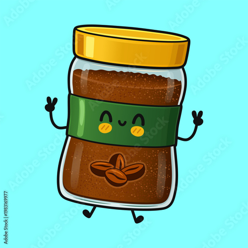 Kawaii instant coffee jar character showing peace sign