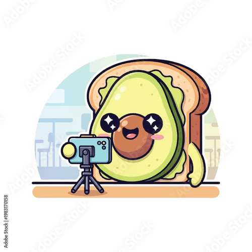 Cartoon Avocado Sandwich Holding Camera.