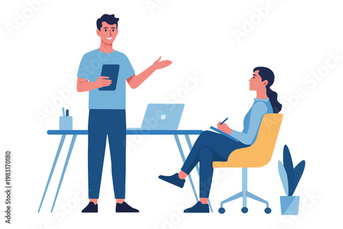 Business Meeting Consultation with Tablet and Notes Flat Vector Illustration