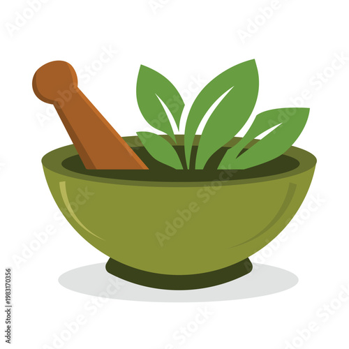 Herbal Mortar and Pestle with Green Leaves Vector Illustration