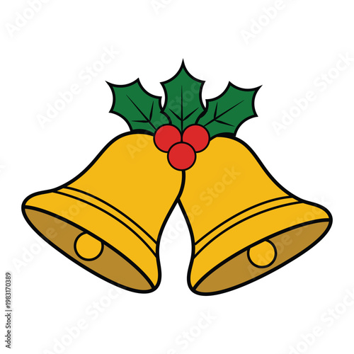 Flat vector of golden Christmas bells with holly leaves and red berries
