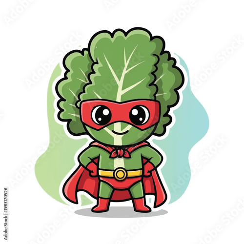 Cartoon broccoli superhero green costume.