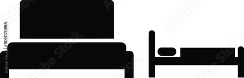 Black silhouette illustration of double bed and single bed furniture icons showing bedroom interior design comparison concept