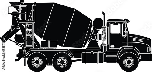 Cement mixer truck silhouette construction vehicle vector illustration isolated black shape for industry, building and transport design use