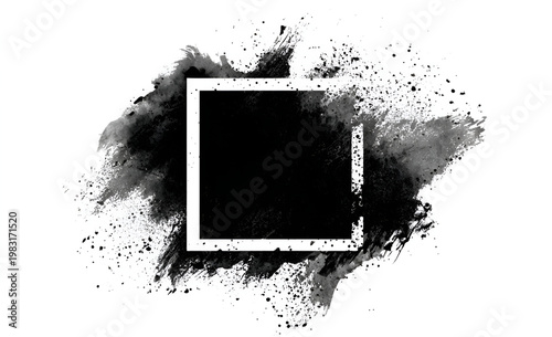 Abstract Black Powder Explosion with White Square Frame on White Background.