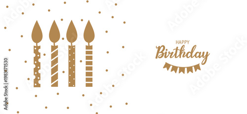 Birthday  gold cake candles. Small wax sticks with burning wick isolated on white background. Cute greeting card. Poster.