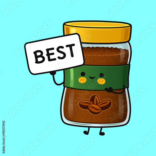 Cute instant coffee jar mascot holding best sign