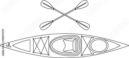 Kayak and crossed paddles outline vector illustration, top view canoe with gear line art isolated on white background