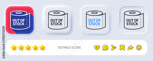 Toilet paper tissue roll line icon. Neumorphic, Flat shadow, 3d buttons. Out of stock sign. Coronavirus shopping panic symbol. Line toilet paper icon. Social media icons. Vector