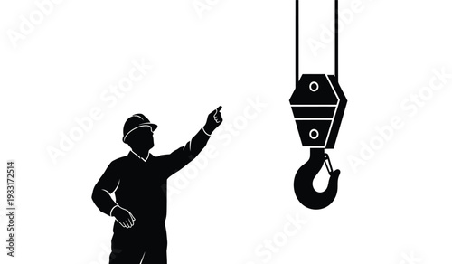 A stark black silhouette depicts a construction worker directing operations near a large industrial crane hook against a white backdrop silhouette high quality professional