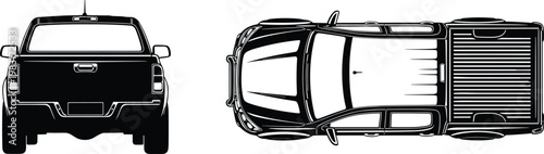 Pickup truck vector illustration with rear and top views, detailed vehicle design isolated on clean background for automotive and transport concept