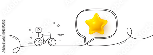 Bicycle parking line icon. Continuous line with 3d star. Bike park sign. Public transport place symbol. 3d star in speech bubble. Bicycle parking single line ribbon. Loop curve pattern. Vector