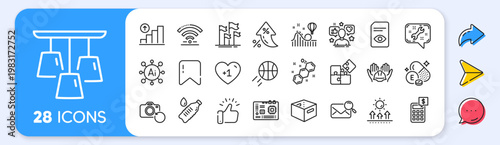 Flags, Builders union and Office box line icons. Interest rate, AI generate, Inflation icons. Pack of Puzzle, Motherboard, Ceiling lamp icon. Search mail, Graph chart, Vitamin e pictogram. Vector