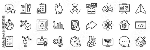 Seo script, Chemistry lab and Qr code line icons pack. Share, Message, Paper plane icons. Presentation, Celsius thermometer, Chemical hazard web icon. Vector