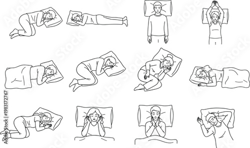 Set of sleeping positions illustrations showing healthy sleep postures for men and women rest comfort vector line art collection
