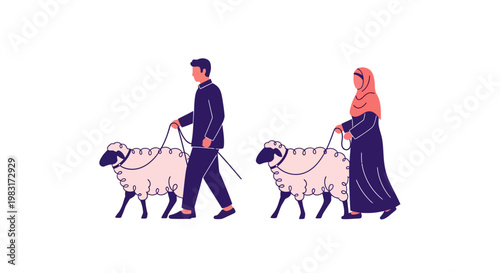 Muslim man and woman leading their sheep, preparing for the joyous occasion of Eid al-Adha communal sacrifice