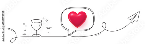 Glass line icon. Continuous line with share plane. Tableware wineglass sign. Drink crockery kitchenware symbol. 3d heart in speech bubble. Glass single line ribbon. Loop curve pattern. Vector