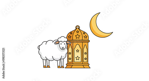 Ramadan Mubarak greeting with sheep and crescent moon lantern illustration