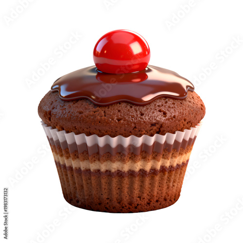 Realistic chocolate cupcake with a cherry on top on transparent background
