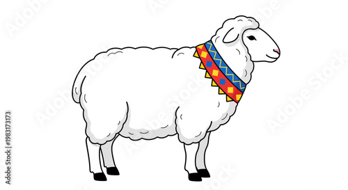 An illustration of a white sheep wearing a colorful patterned blanket around its neck, ready for a festive occasion or ceremony