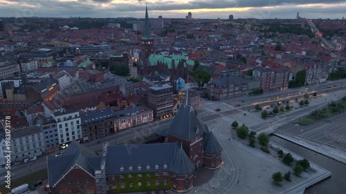Aarhus, Jutland, Denmark - Aerial Drone View in Evening Twilight at City Center with Domkirke Cathedral.