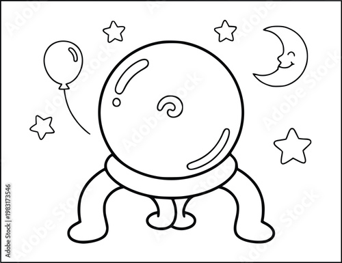 Coloring book page with a magic crystal ball featuring a balloon moon stars