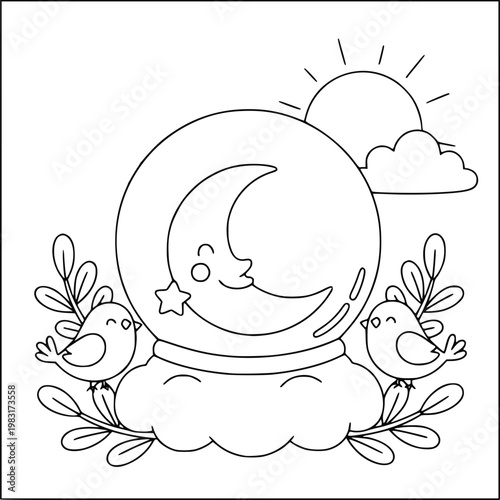 Coloring book page with a magic crystal ball cloud birds and smiling moon