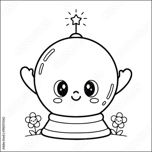 Coloring book page with a cute magic crystal ball character and small flowers