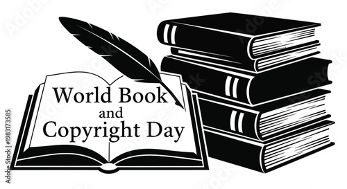 A stack of books with a quill displaying world book and copyright day