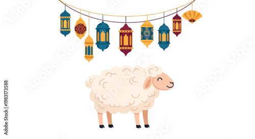 Ramadan Eid Mubarak Celebration with a Cute Sheep and Hanging Lanterns