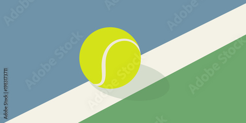 Minimal flat illustration of a tennis ball on a court with a diagonal line and soft shadow. Clean geometric composition, ideal for sports branding, backgrounds and modern design.