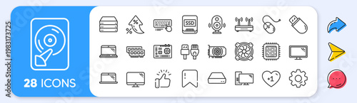 Computer components, Laptop, SSD line icons. Interest rate, AI generate, Inflation icons. Motherboard, CPU, Internet cables icons. Wifi router, computer monitor, Graphic card. Vector