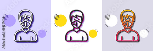 Man with medical mask line icon. Halftone dotted pattern. Gradient icon with grain shadow. Safety breathing respiratory mask sign. Coronavirus face protection symbol. Line medical mask icon. Vector