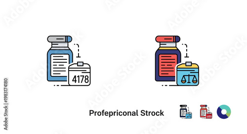 Medicine vials and justice scale icon set