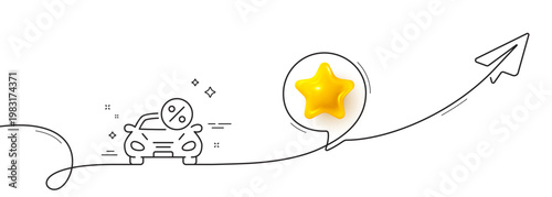 Car leasing percent line icon. Continuous line with share plane. Transport loan sign. Credit percentage symbol. 3d star in speech bubble. Car leasing single line ribbon. Loop curve pattern. Vector