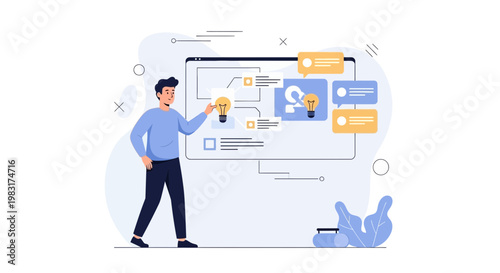 Man presenting business strategy with lightbulb ideas on digital board, teamwork, innovation