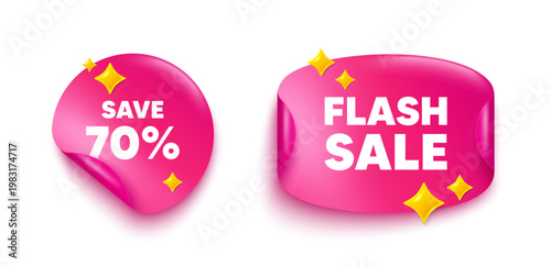 Discount sticker tag. Flash offer paper price banner. Save 70 percent off tag. Sale Discount offer price sign. Special offer symbol. Discount sticker with 3d glitter. Vector