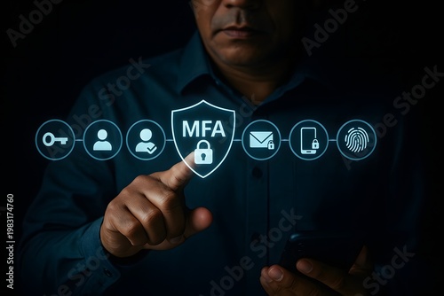Man in a dark shirt interacting with a multi-factor authentication security interface on a smartphone