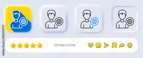 User settings line icon. Neumorphic, Flat shadow, 3d buttons. Profile Avatar with cogwheel sign. Male Person silhouette symbol. Line support icon. Social media icons. Vector