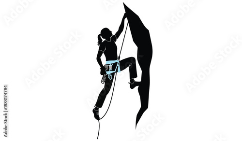 A dynamic image portrays a female rock climber ascending a challenging cliff face showcasing strength and determination a striking silhouette high quality professional detailed