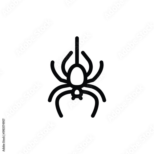 A minimalist black line art icon of a spider hanging from a thread.