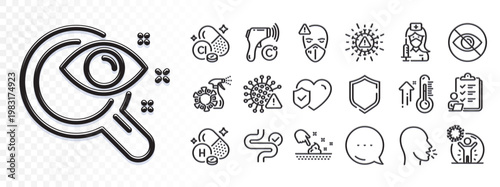 Digestion, Checklist and Coronavirus line icons for web app. Glare of light effect. Message icon. Pack of Vitamin h, Coronavirus spray, Vision test pictogram icons. Vector